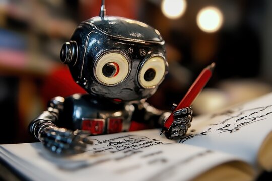 An AI robot writing an essay. AI writing with his knowledge and tools. A robot stands upright, holding a clipboard and diligently writing notes on it with a pen.