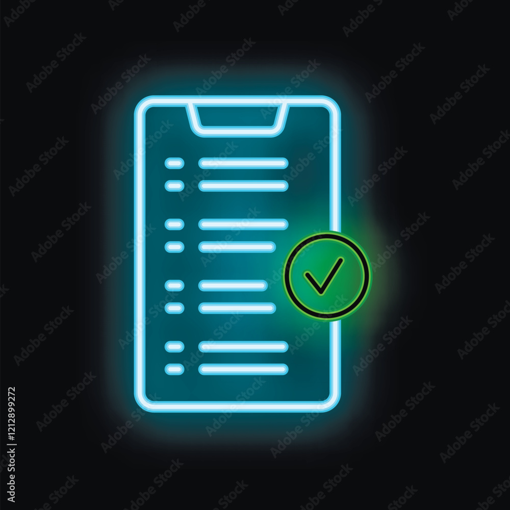 Poster neon smartphone is showing a checklist with a green check mark, indicating a completed task