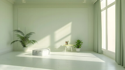 Empty living room with soothing green tones and crisp white walls. generative ai.