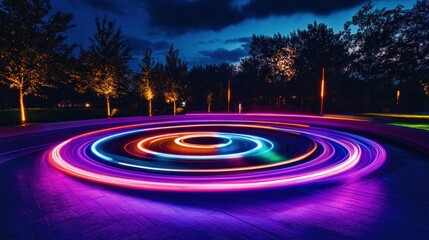 Nighttime circular light trails and dark trees create a mesmerizing park scene at dusk