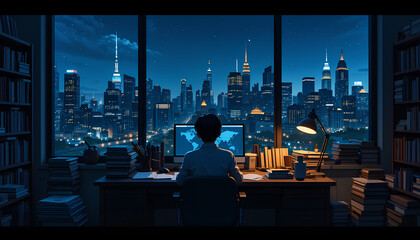 lofi anime study vibes - late-night desk scene with city skyline, glowing computer, and cozy atmosphere