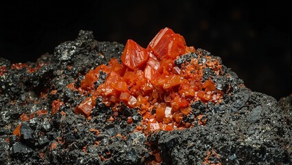Vibrant cinnabar crystals among dark volcanic rock in underground cavern