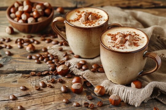 Homemade hazelnut coffee latte or cappuccino, rustic wooden background with hazelnuts