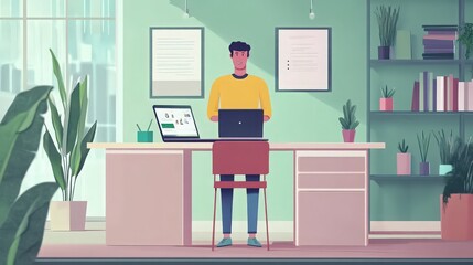 Fototapeta premium Person using laptops at a desk in a light green and pink room with plants and shelves
