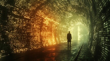 Binary digital codes that rush to the center, creating the effect movement in space or a cyber tunnel.