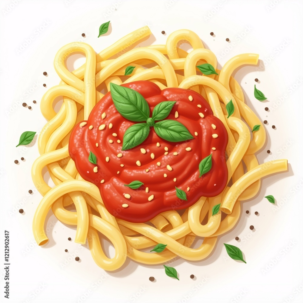 Poster the image is a digital illustration of a plate of spaghetti with tomato sauce. the spaghetti is long