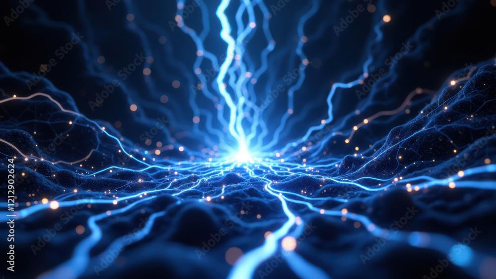 Poster gamma ai neural network with vibrant blue lightning bolts and glowing dots.