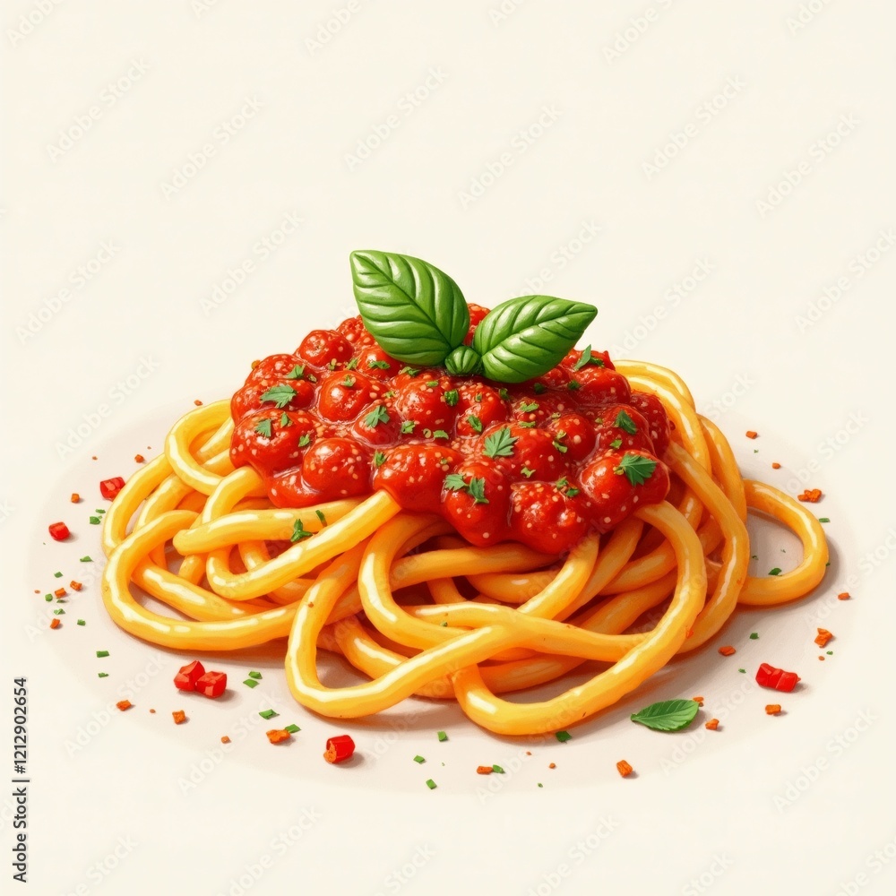Poster the image is a digital illustration of a plate of spaghetti with tomato sauce. the spaghetti is long