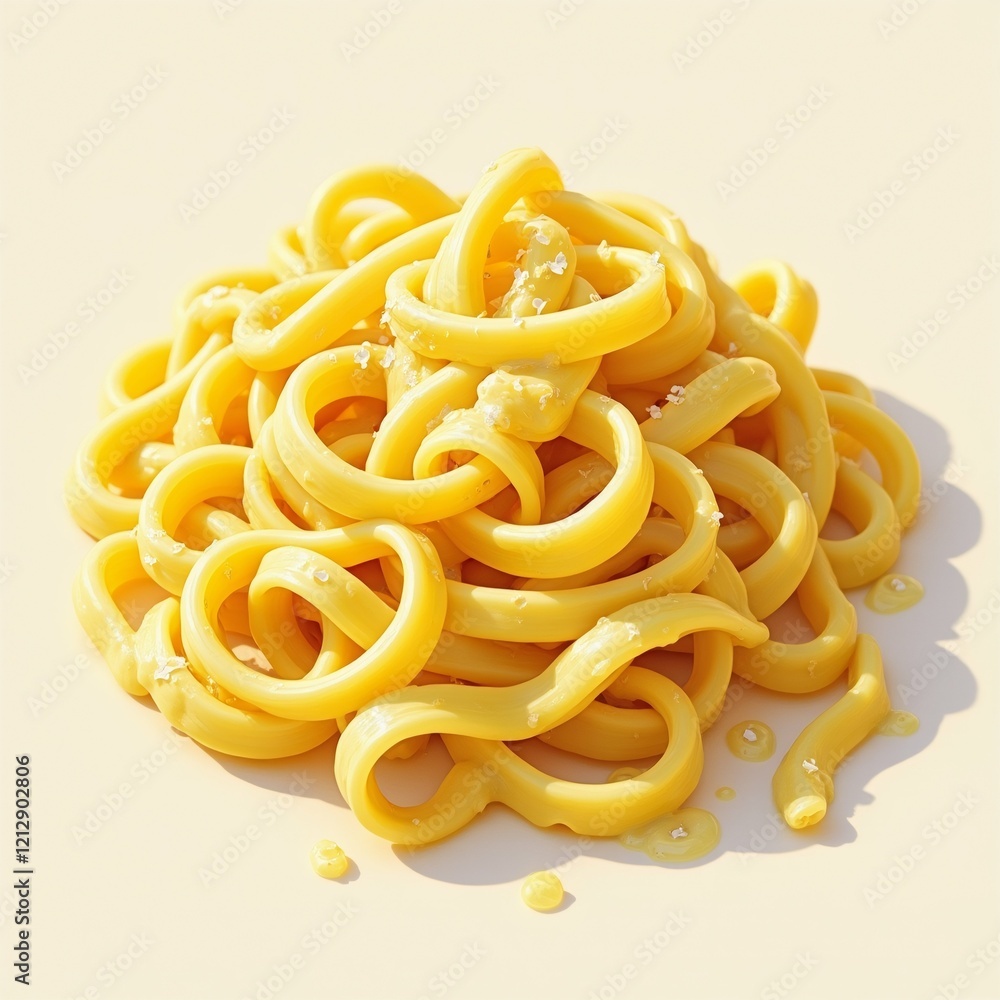 Poster the image shows a pile of yellow noodles on a plain white background. the noodles are twisted and ta