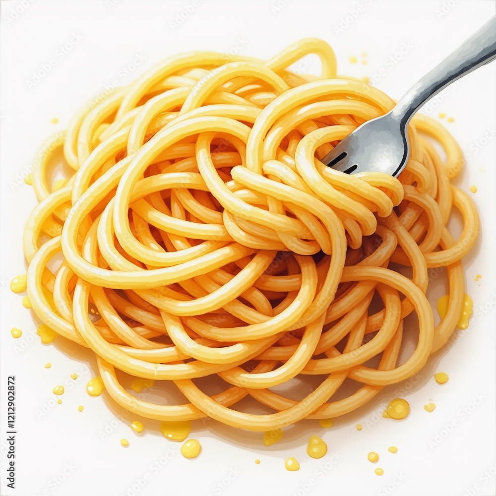 Poster the image shows a plate of spaghetti with a fork on it. the spaghetti is long and thin, and it appea