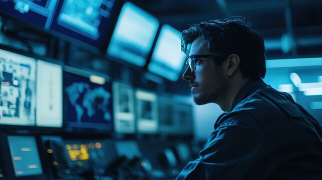 Man in a dark room with multiple screens displaying maps and data points looking left - Powered by Adobe