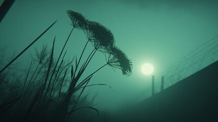 Obraz premium Moody Teal Sunset Silhouette Plants Near Fence