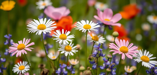 Fototapeta premium Delicate Pink and White Daisies in Natural Garden Setting with Dreamy Depth