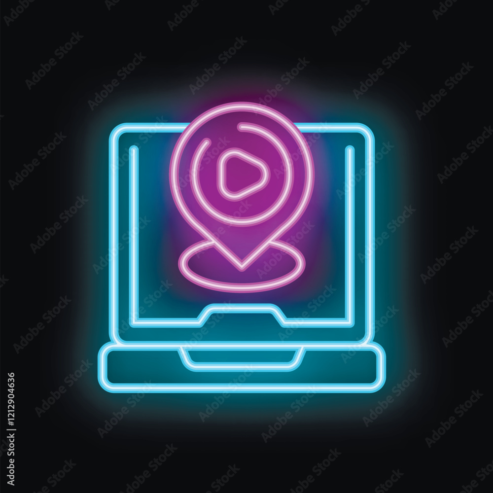 Poster neon sign showing a laptop computer with location pin displaying play button icon for online video s