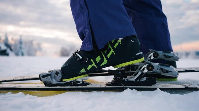 Skier carefully fastening ski boots into bindings, preparing for dynamic downhill adventure across snow-covered mountain slope during winter recreational activity