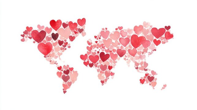 World map created with colorful hearts symbolizing love.