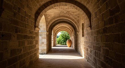 Fototapeta premium A stone hallway with arched ceilings leads to sunlight, showcasing intricate masonry and a large clay urn surrounded by greenery at the end.