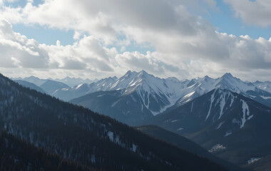 Fototapeta premium Winter mountain panorama view with blue cloudy sky with sun