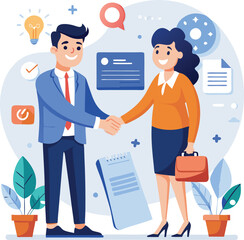 People shaking hands at work - Two businesspeople, man and woman doing handshake in office at work while smiling over business agreement and deal. Flat design stock illustration on white background