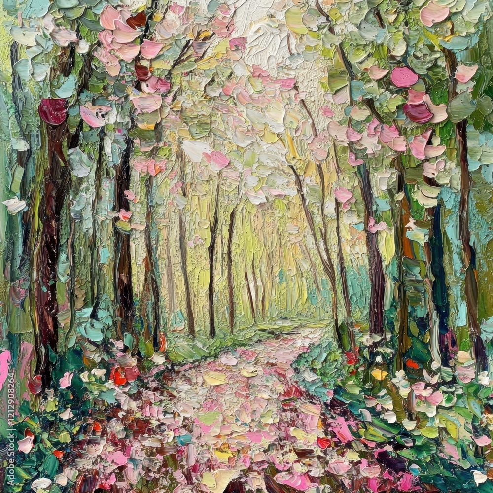 Poster colorful forest path with blooming trees during springtime at dawn in a vibrant natural setting. gen