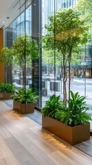 Experience a contemporary interior design that beautifully incorporates lush greenery and features expansive windows, illuminating an urban setting with natural light during the daytime hours