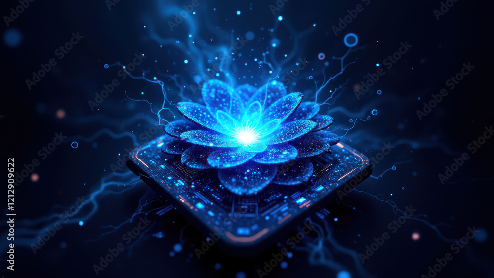 Poster gamma ai digital art featuring an open lotus flower with blue energy at its core, set against a futu