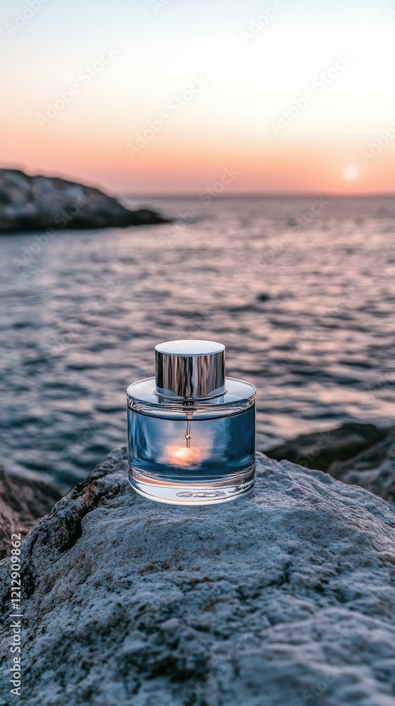 Poster fragrant bottle resting on a rock by the tranquil sea at sunset with soft waves lapping gently again