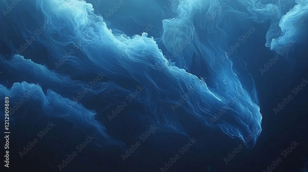 Poster blue and white liquid swirling in clear water creating abstract patterns and textures