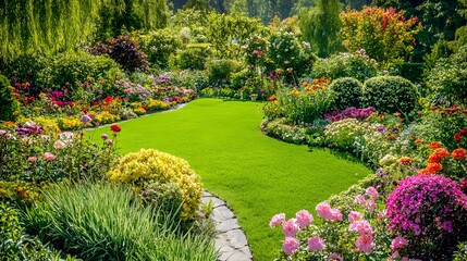 Obraz premium Lush garden, vibrant flowers, sunny lawn, stone path, tranquil background