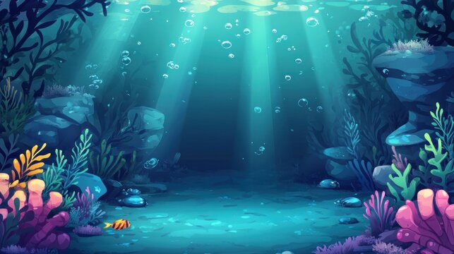 Underwater ocean scene, sunbeams, coral, fish, game background