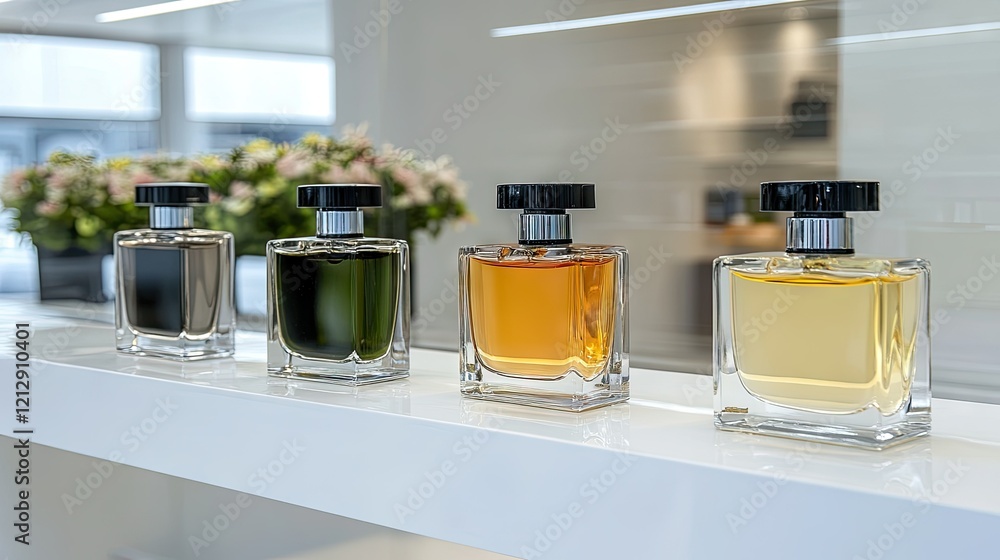 Poster various perfume bottles displayed on a shelf in a bright and modern retail space showcasing differen