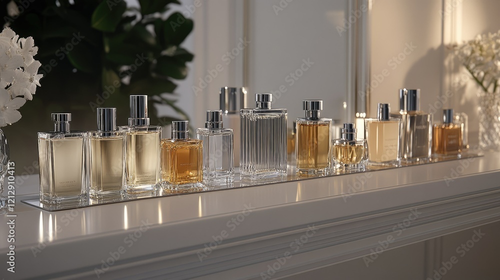 Poster elegant perfume collection displayed on a sleek countertop with soft lighting accentuating the vario