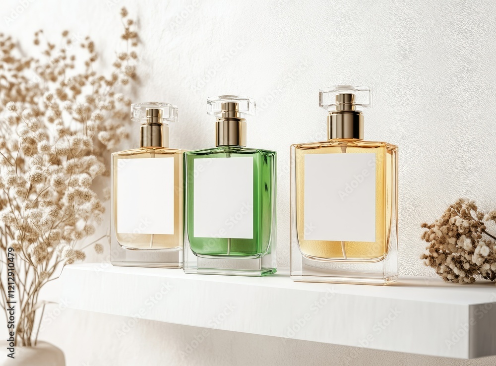 Poster elegant display of three perfume bottles in soft lighting with decorative flowers in a serene settin