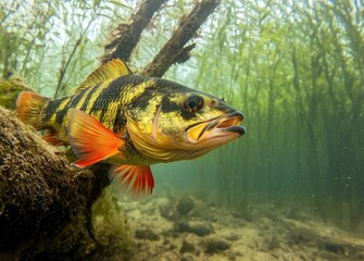 Obraz premium A perch swims gracefully among aquatic plants in a river, showcasing its vibrant stripes and predatory stance while searching for food in a natural habitat