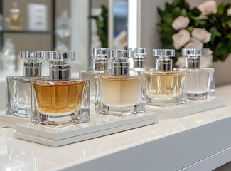 Elegant display of various perfume bottles arranged neatly on a shelf in a boutique showcasing fragrance options