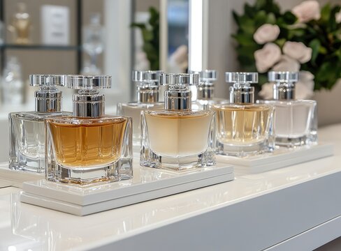 Elegant display of various perfume bottles arranged neatly on a shelf in a boutique showcasing fragrance options