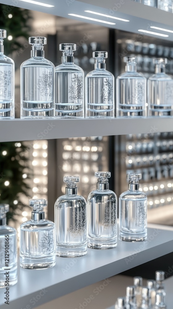 Poster elegant glass perfume bottles arranged neatly on display shelves in a modern retail setting with sof