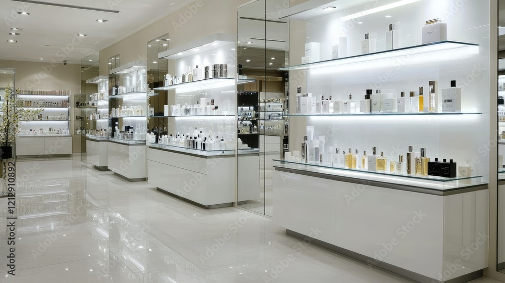 Poster modern fragrance store featuring elegant display of various perfumes and cosmetics in a well-lit int