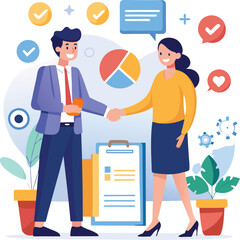 People shaking hands at work - Two businesspeople, man and woman doing handshake in office at work while smiling over business agreement and deal. Flat design stock illustration on white background