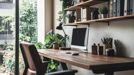 Modern Home Office Workspace with Lush Greenery and Wooden Desk