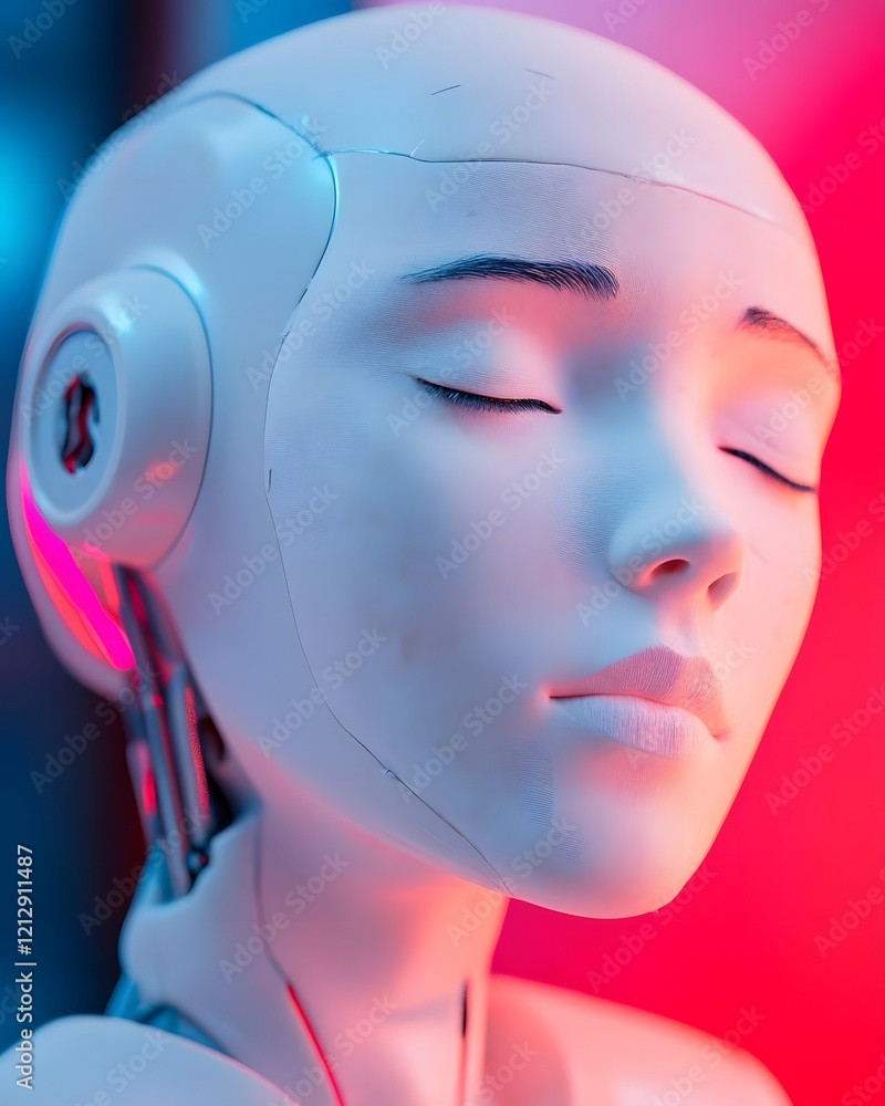 Poster a close-up of a humanoid robot's face with a serene expression and soft lighting.