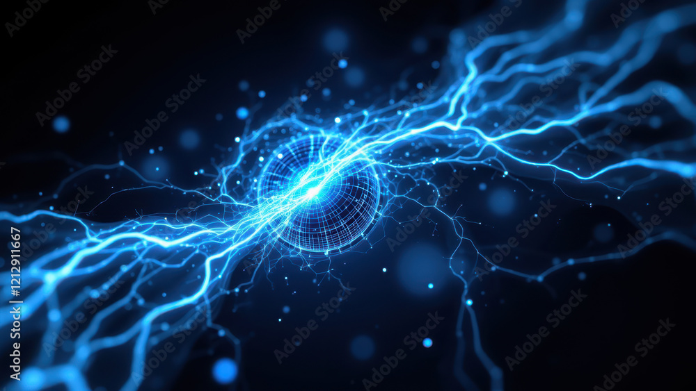 Poster electrifying ai neural network with glowing blue lightning strikes.