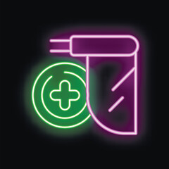 Glowing neon icon of health insurance with medical cross and shield on black background
