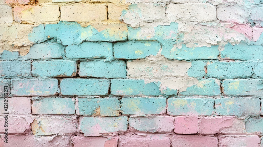 Poster A rustic brick wall transforms into an artistic canvas with soft pastel colors blending harmoniously. This charming setting invites creativity and inspires imagination in its surroundings