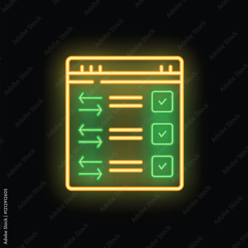 Aufkleber neon sign showing internet browser completing tasks successfully on black background