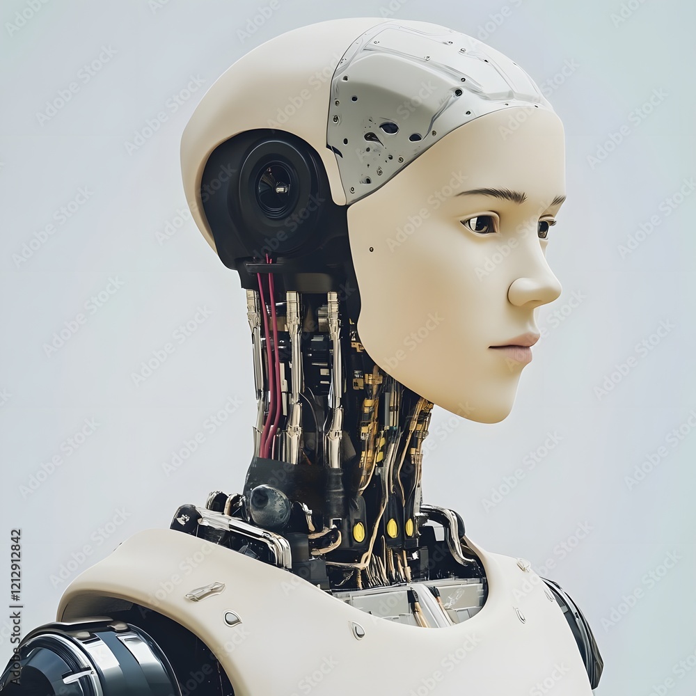 Poster a futuristic humanoid robot showcasing advanced technology and design elements.
