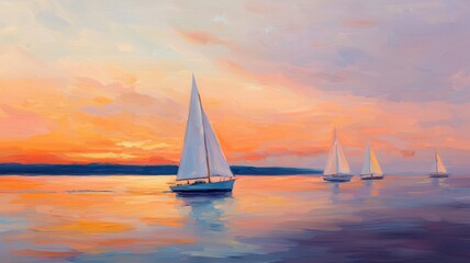 Sailing boats on a tranquil harbor at sunset impressionist art serene atmosphere artistic perspective