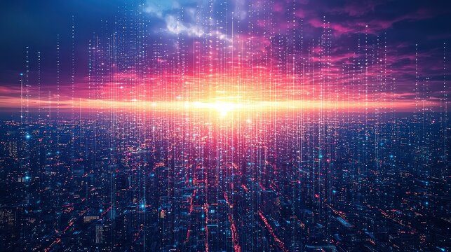 Data Raining on Illuminated City at Sunset.