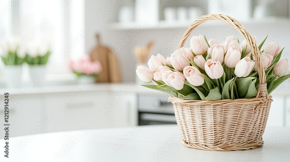 Wall mural A lovely arrangement of pink tulips is elegantly displayed in a charming wicker basket atop a kitchen counter, illuminated by the warm light of the day