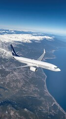 Fototapeta premium Flying high above snowy mountains and a calm lake, this aircraft captures the beauty of nature from the sky during a clear day